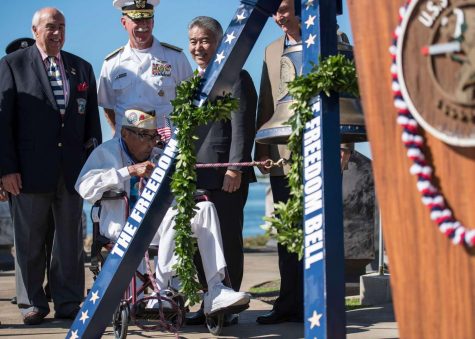 PEARL HARBOR (Dec. 6, 2016) Ray Chavez, the oldest living Pearl Harbor survivor, rings Americas Freedom Bell.