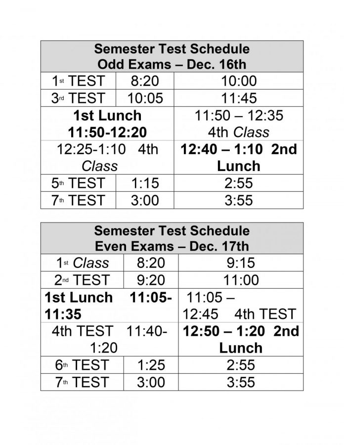 Fall Semester Test Schedule