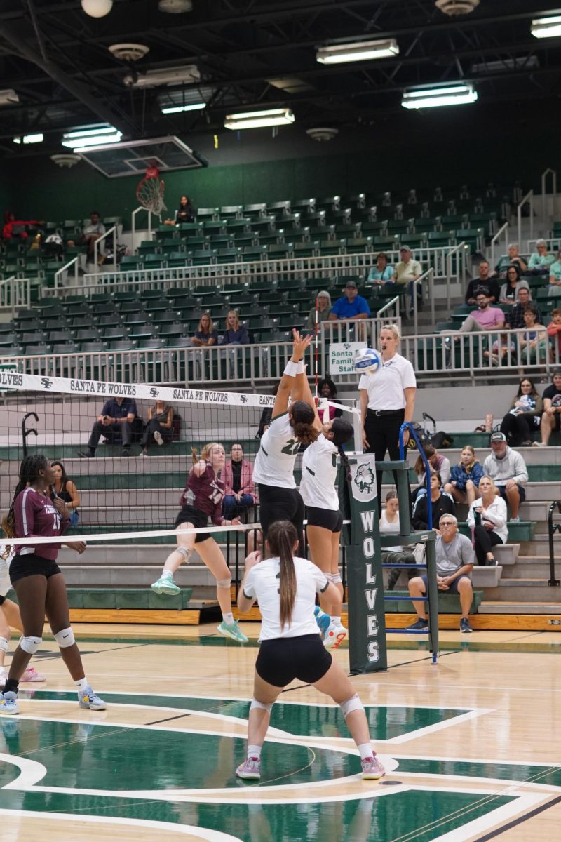Volleyball girls go for a block jump 