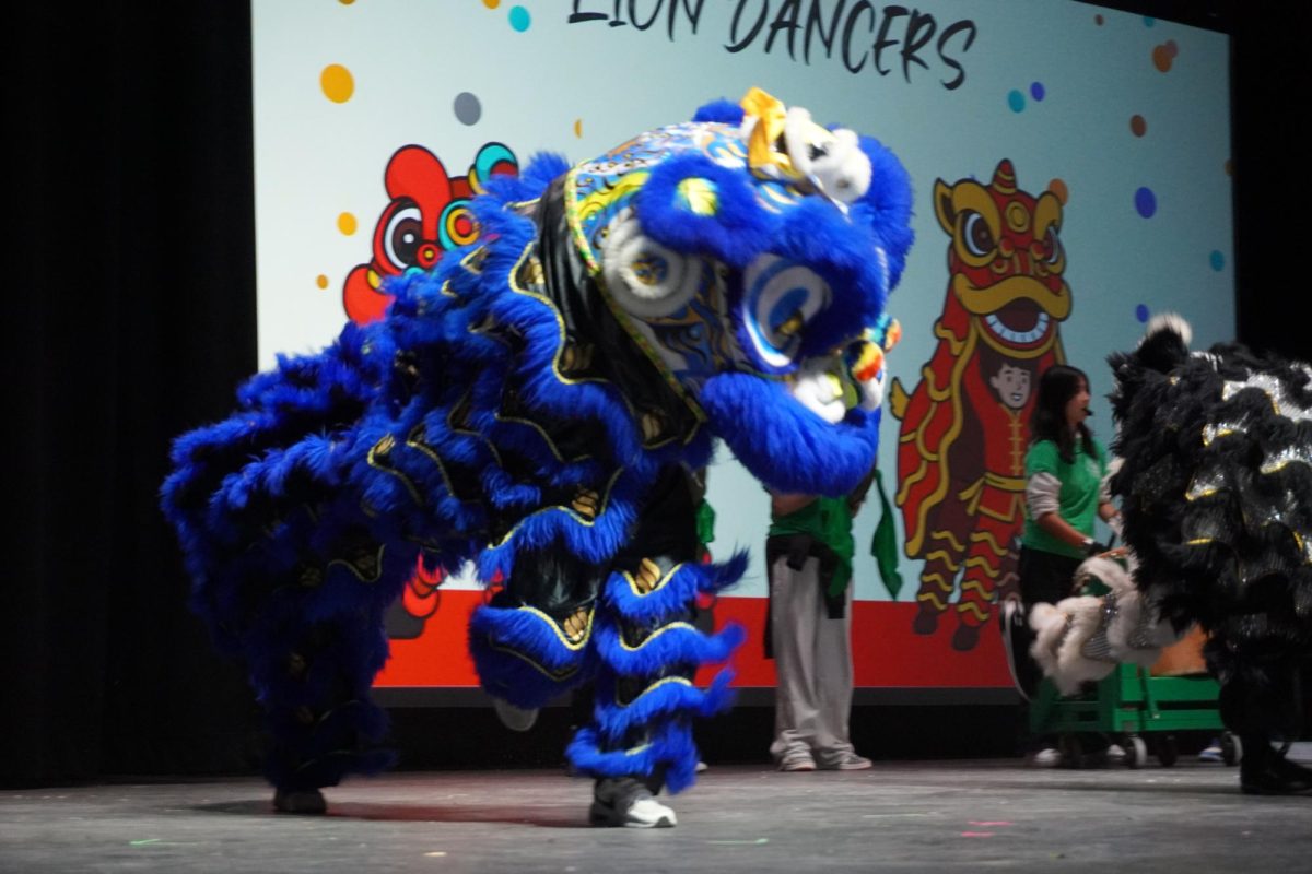 Vien Giac lion dance team's blue lion costume performing at Culture Assembly.