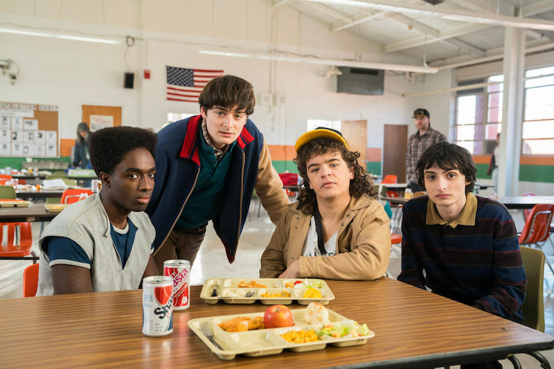 Caleb McLaughlin, Noah Schnapp, Gaten Matarazzo, and Finn Wolfhard on the set of Stranger Things 5.
