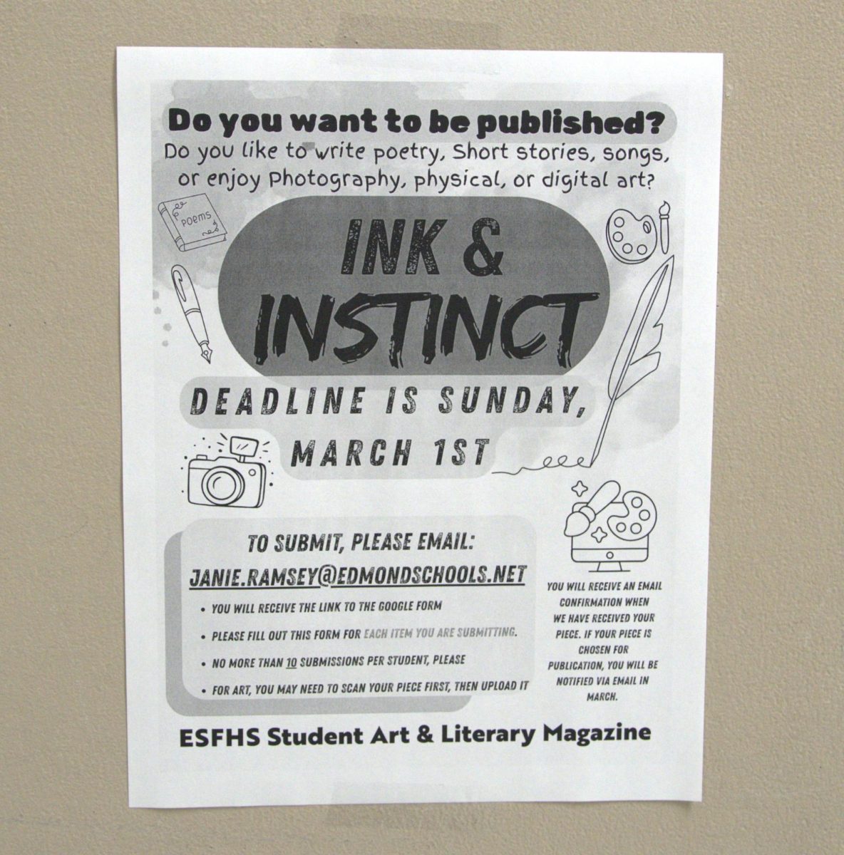 Flyer for the new creative magazine, Ink & Instinct with information on how to submit.