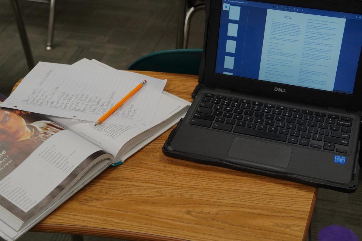 A textbook with the play The Crucible being displayed with a paper that has all the characters to study, next to a chromebook also showing The Crucible being able to read it online. Both the textbook and Chromebook are displayed on a desk in a classroom. 