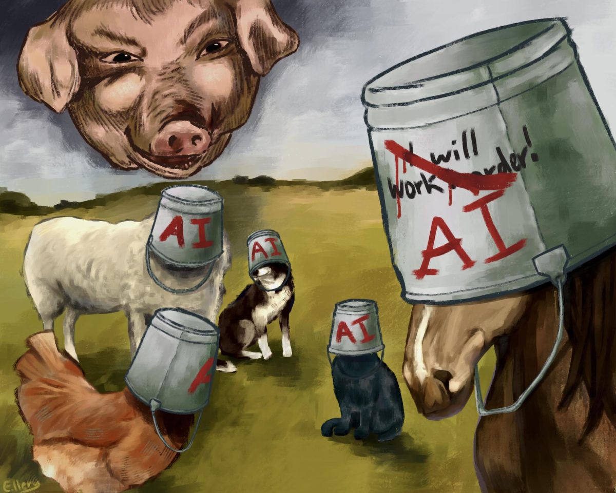 An allegory of an allegory. This cartoon depicts an artistic approach to how artificial intelligence (AI) affects the future using George Orwell's allegory of the Russian Revolution and the subsequent rise of Stalinism. The animals with buckets over their heads represent society's increasing dependence on AI; the pig represents Orwell's Napoleon, which symbolizes a corrupt government.