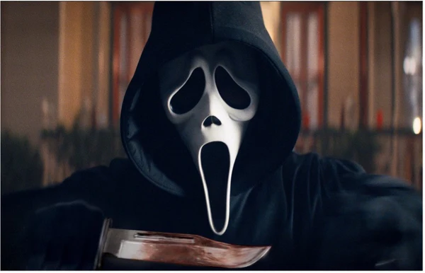 A ghostface killer holding a recently used knife. 